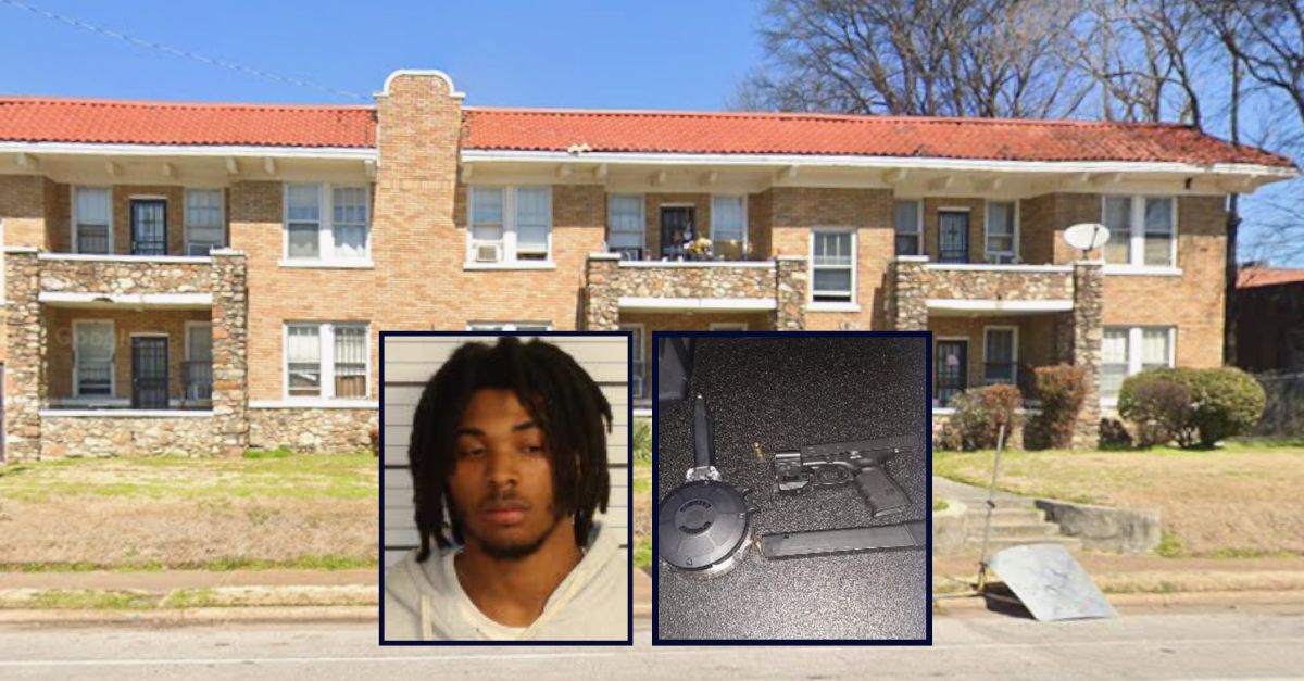 Insets: Kevin Lowery (Shelby County Jail). The gun Lowery allegedly possessed (Memphis police). Background: The apartment complex where Lowery allegedly threatening to shoot his uncle (Google Maps).