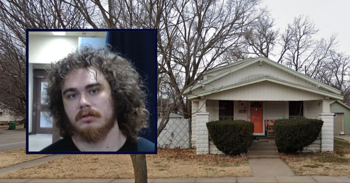 Inset: Isaiah William Langkiet (Sedgwick County Jail). Background: The Kansas home where Langkiet allegedly killed his grandmother (Google Maps).
