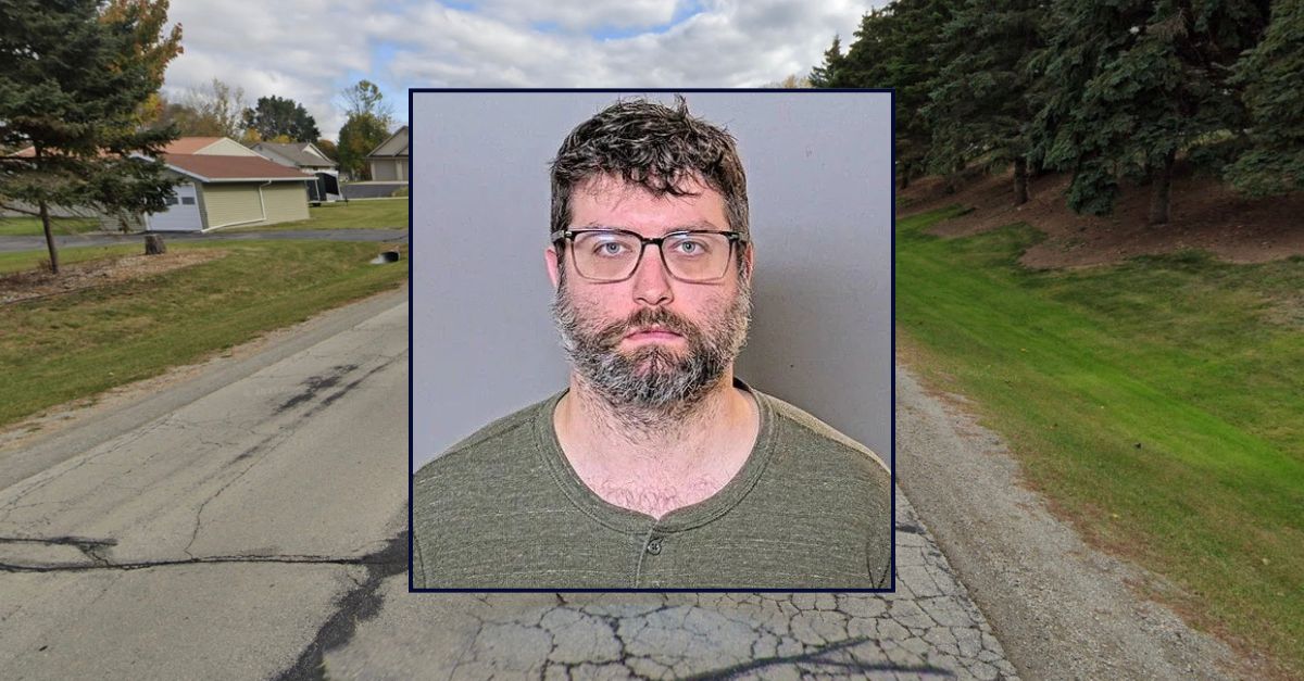 Inset: William Page (Outagamie County Jail). Background: The street in Wisconsin where Page lived with the victim (Google Maps).