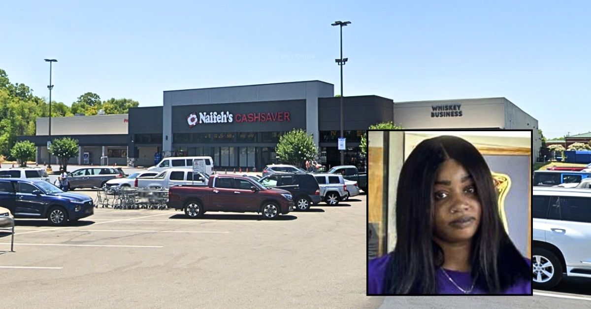 Inset: Lashona Johnson (Covington Police Department). Background: The Tennessee grocery store where Lashona Johnson allegedly attacked her 2-year-old son last week (Google Maps).