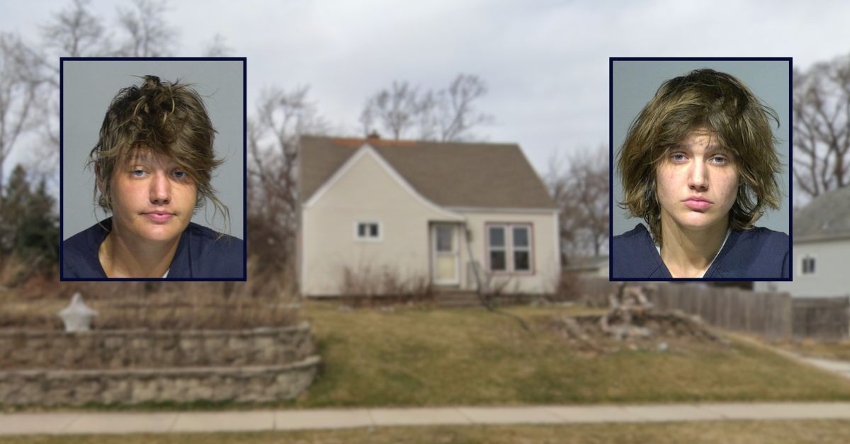 Lauren Spors appears in two booking photos inset against an image of her mother
