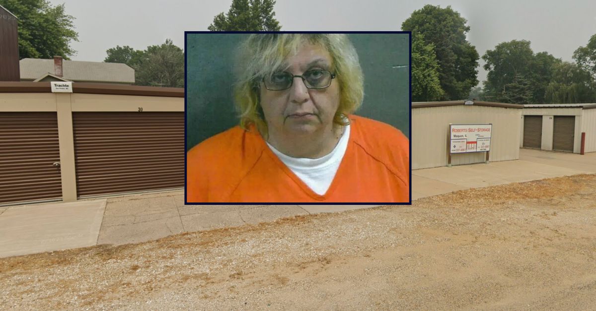 Marcy Oglesby appears inset against an image of the self-storage center where she hid her slain boyfriend