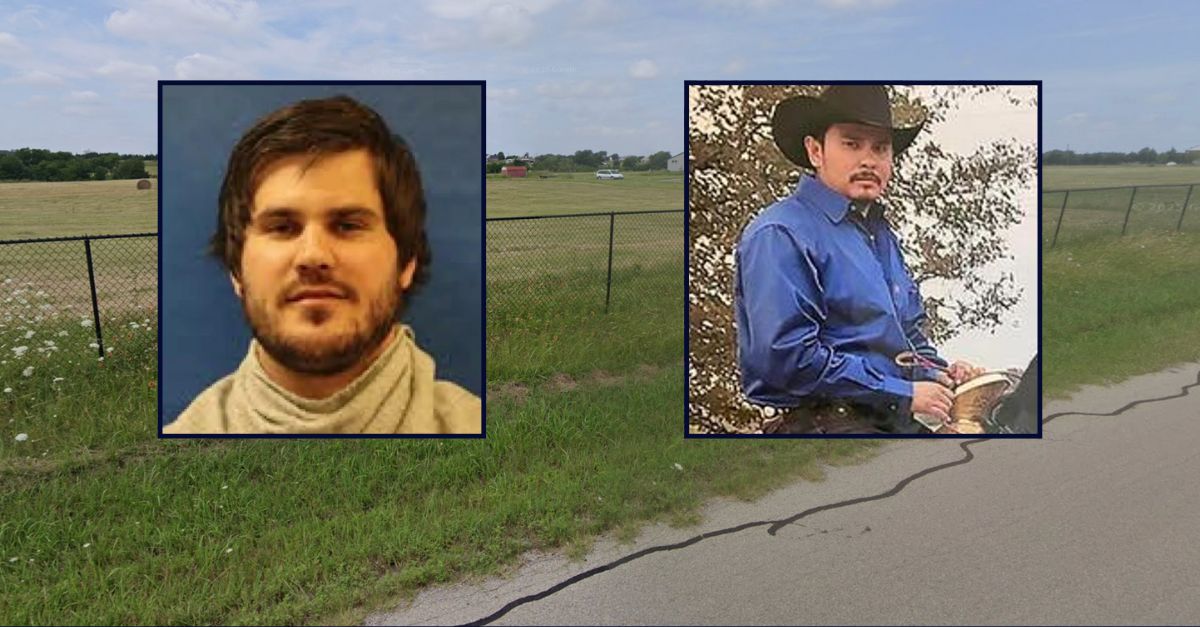 Left to right: Trevor McEuen and Aaron Martinez inset against an image of the area near where McEuen killed his neighbor in Texas.