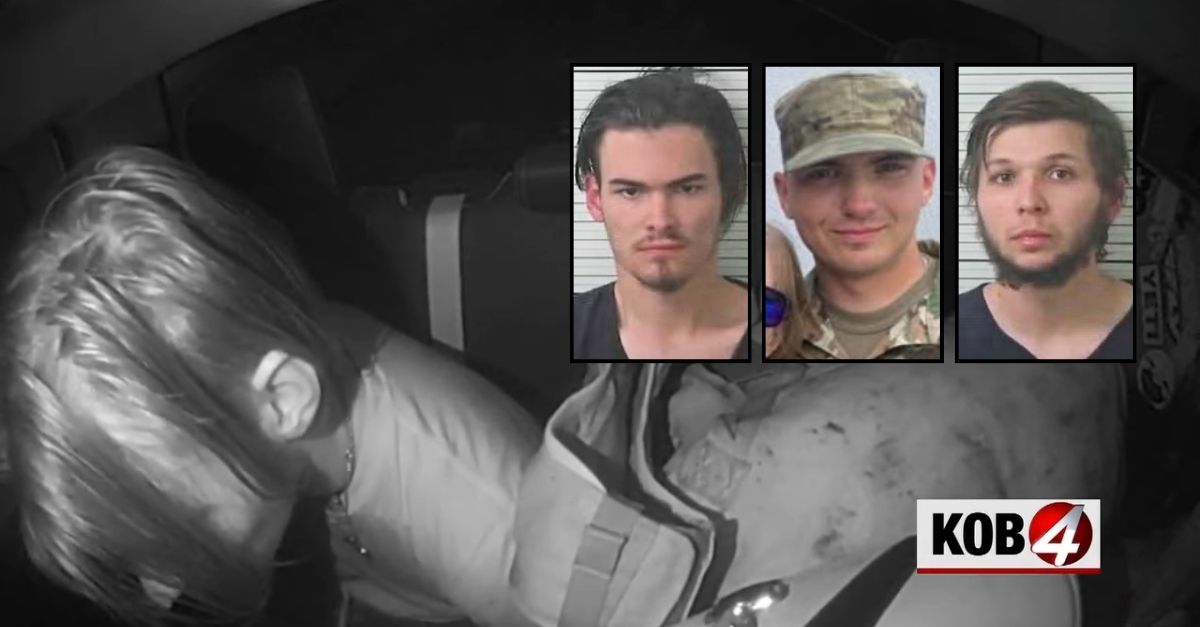 Background: Rainor Joiner allegedly showing New Mexico cops where he and Matthew McLaughlin dumped the dismembered remains of their old Army roommate David Degroat, according to police (KOB/YouTube). Left inset: Rainor Joiner (Taos County Adult Detention Center). Center inset: Matthew McLaughlin (The AWARE Foundation/Facebook). Right inset: David Degroat (Taos County Adult Detention Center).
