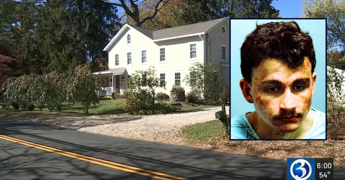 Inset: Sebastian Van Stockum (New Canaan Police). Background: Home in New Canaan, Connecticut, where Van Stockum allegedly killed his mother (WFSB).