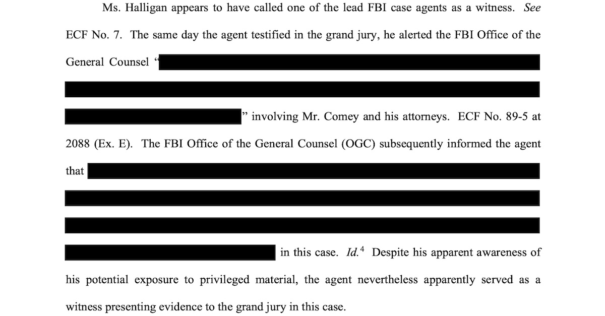 The portion of the Comey motion that redacted the allegedly privileged information an FBI special agent may have been privy to.