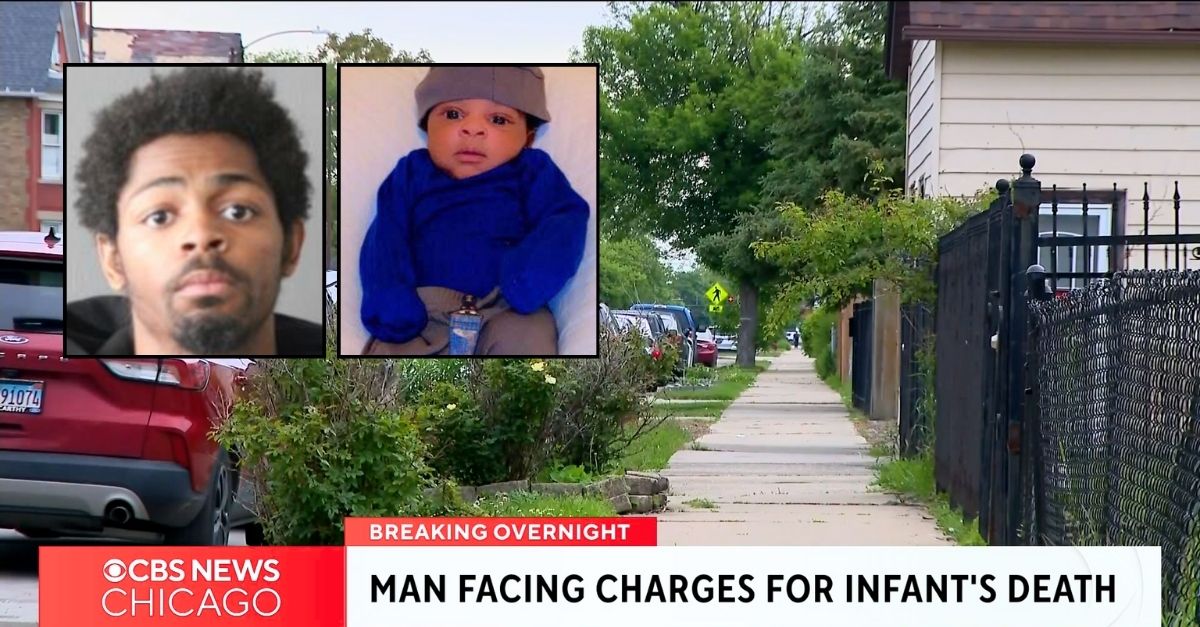Left inset: Anthony Evans (Chicago Police Department). Right inset: Kayson Flowers (Facebook/Kayla Flowers). Background: The Roseland neighborhood of Chicago, Ill., where Anthony Evans allegedly had a family member hand off his son Kayson Flowers to his mother in a covered stroller after killing him hours earlier, cops say (WBBM/YouTube). 