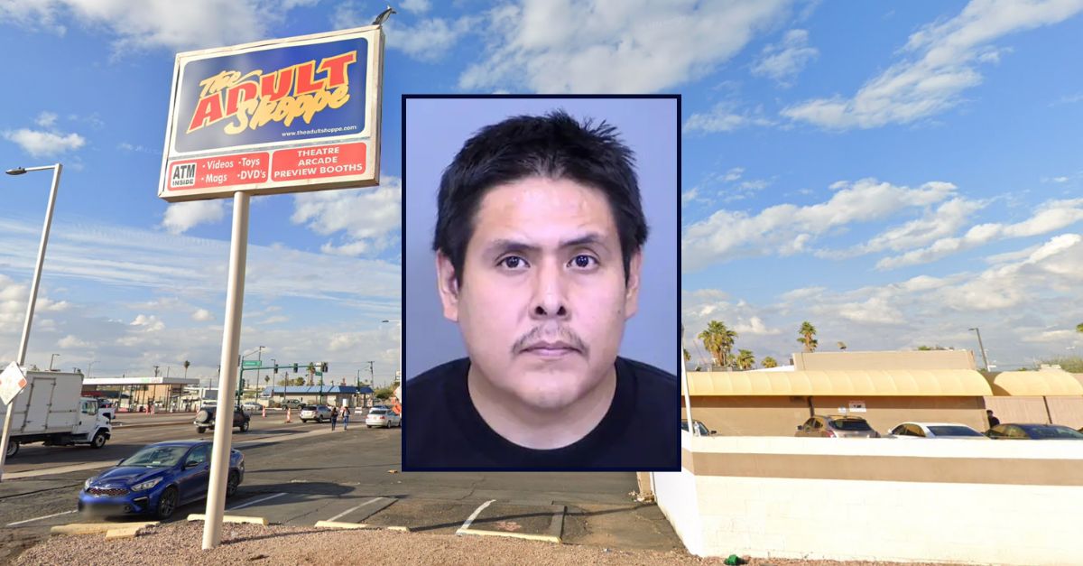 Ascencio Largo appears in a booking photo against an image of an adult store in Phoenix.