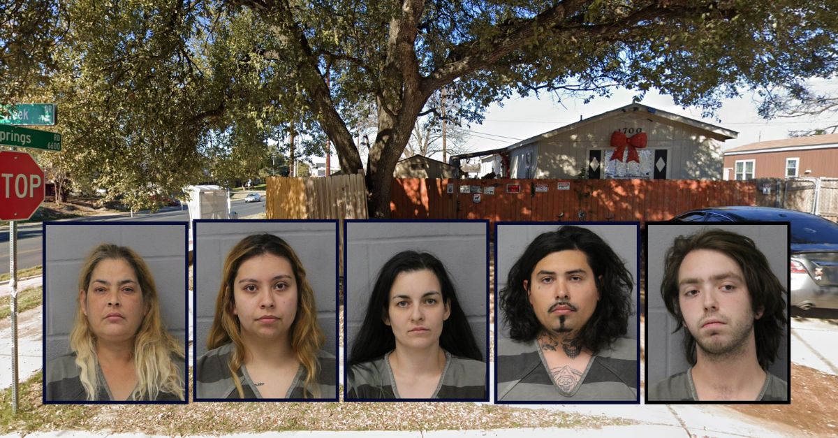 Inset left to right: Michelle Garcia, Crystal Garcia, Mache Carney, Juan Pablo Castro, and Maynard Lefevers against an image of a house in South Austin, Texas.