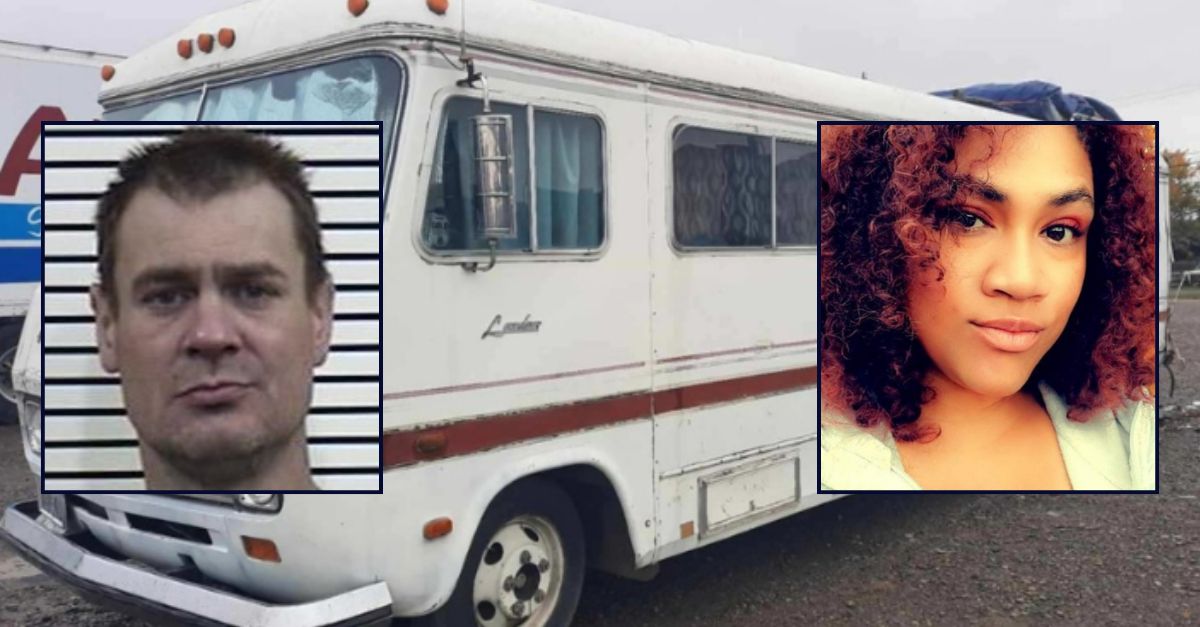 Inset, left to right: Christopher B. Foiles (Bonneville County Jail) and Megan Ashley Stedman (Bozeman Police Dept.). Background: The RV where Foiles killed Stedman (BPD).