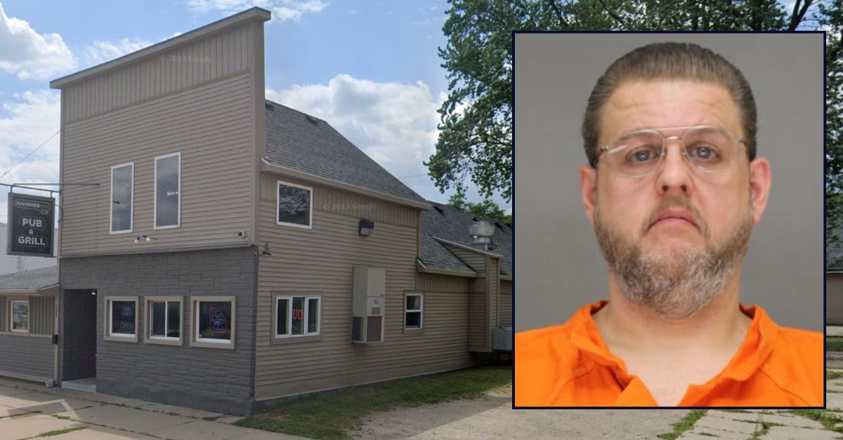 Inset: Robert S. Goodletson (Brown County Sheriff's Office). Background: The Hammer Inn in Green Bay where Goodletson allegedly stabbed his ex-wife's friend (Google Maps).