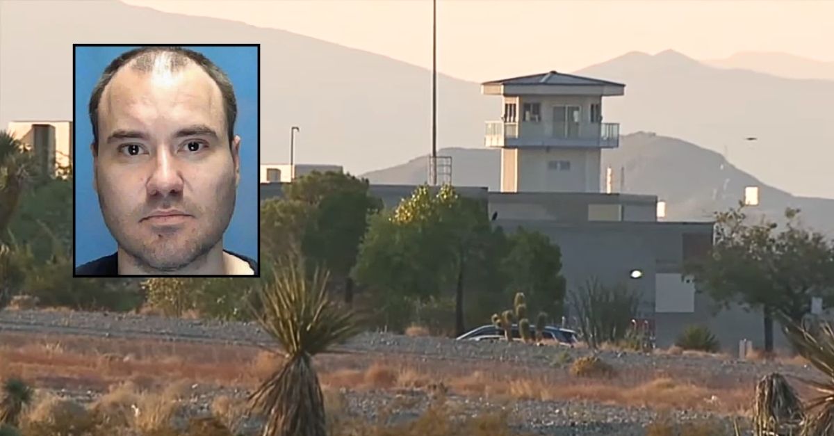 Inset: Jacob Herman (Nevada Department of Corrections). Background: High Desert State Prison in Indian Springs, Nev., where Jacob Herman was allegedly murdered by his cellmate just days before Herman was scheduled to be released (KTNV/YouTube).