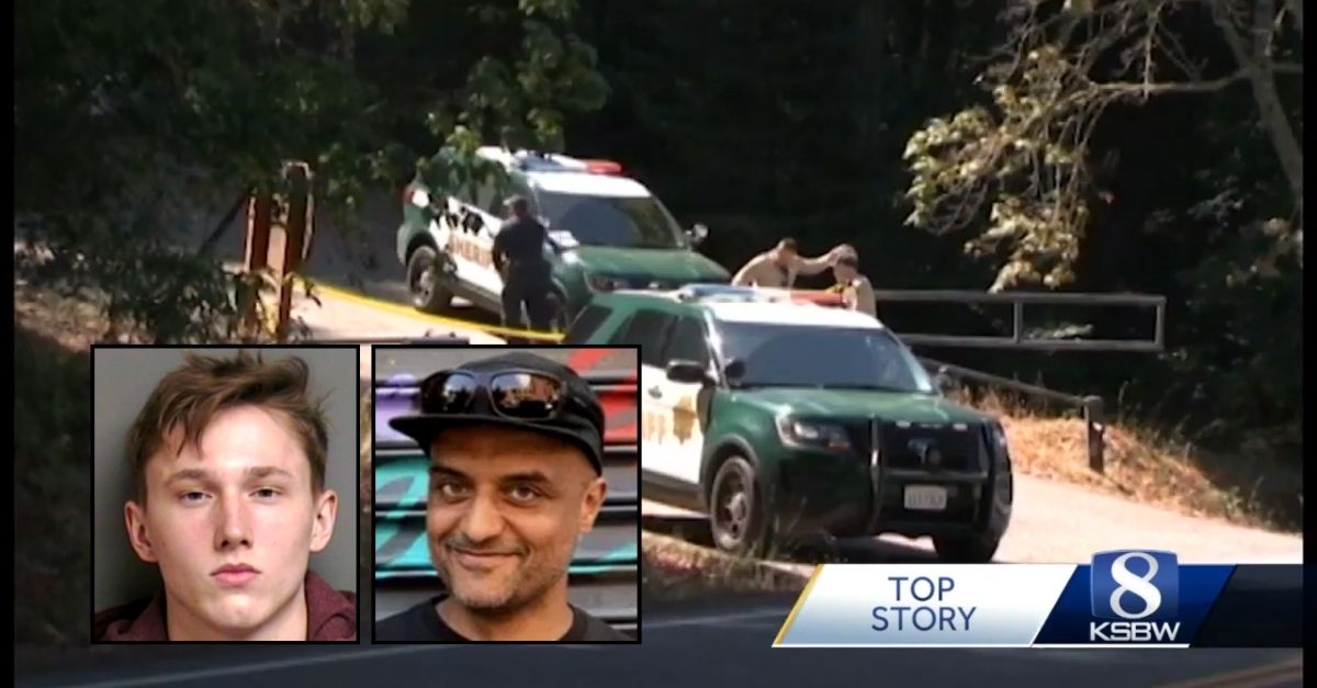 Left inset: Kaleb Charters (Santa Cruz County Sheriff's Office). Right inset: Tushar Atre (Santa Cruz Sentinel/obituary). Background: Police at the farm where Kaleb Charters killed Tushar Atre just two months after Atre forced Charters to do 500 pushups for a paycheck (KSBW/YouTube).