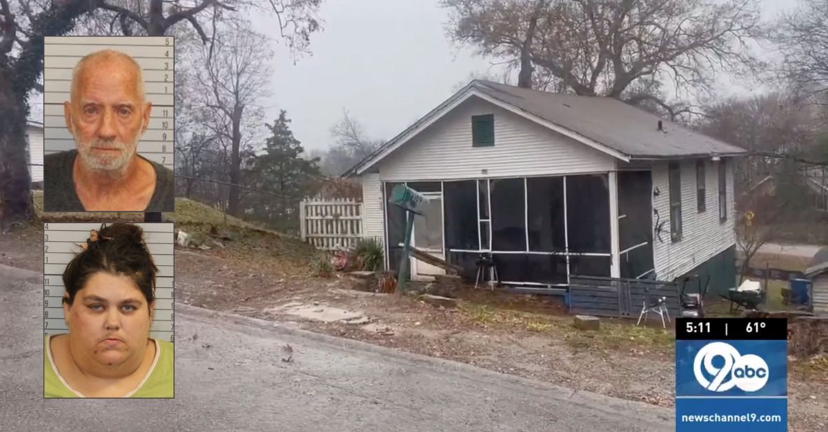 Background: The home in Chattanooga, Tenn., where children were allegedly found living in squalid conditions (WTVC). Insets, top to bottom: Leon Woods, Carol Phillips (Hamilton County (Tenn.) Sheriff's Office/WTVC).