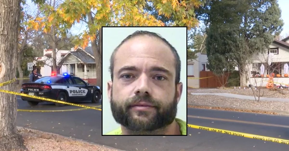 Inset: Matthew Regnier (El Paso County Sheriff's Office). Background: Police outside the Colorado Springs home where Matthew Regnier allegedly went on a deadly stabbing rampage with a "buck knife" (KRDO/YouTube).
