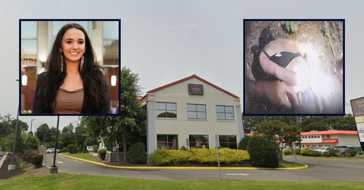 Inset, left to right: Natalie Greene (Facebook) and Greene when police found her in a New Jersey park following an allegedly staged attack (DOJ). Background: The New Jersey office of Jeff Van Drew, who previously employed Greene as an aide (Google Maps).