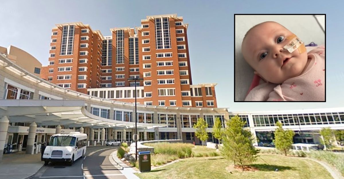 Inset: Piper Everett (Facebook/Hanna Everett). Background: The Kentucky Children's Hospital where Piper Everett's condition allegedly worsened while being treated for infantile botulism that her family says was caused by consuming ByHeart brand baby formula (Google Maps).