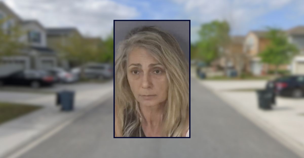 Serpil Adams appears in a booking photo inset against an image of a suburban street in Florida.