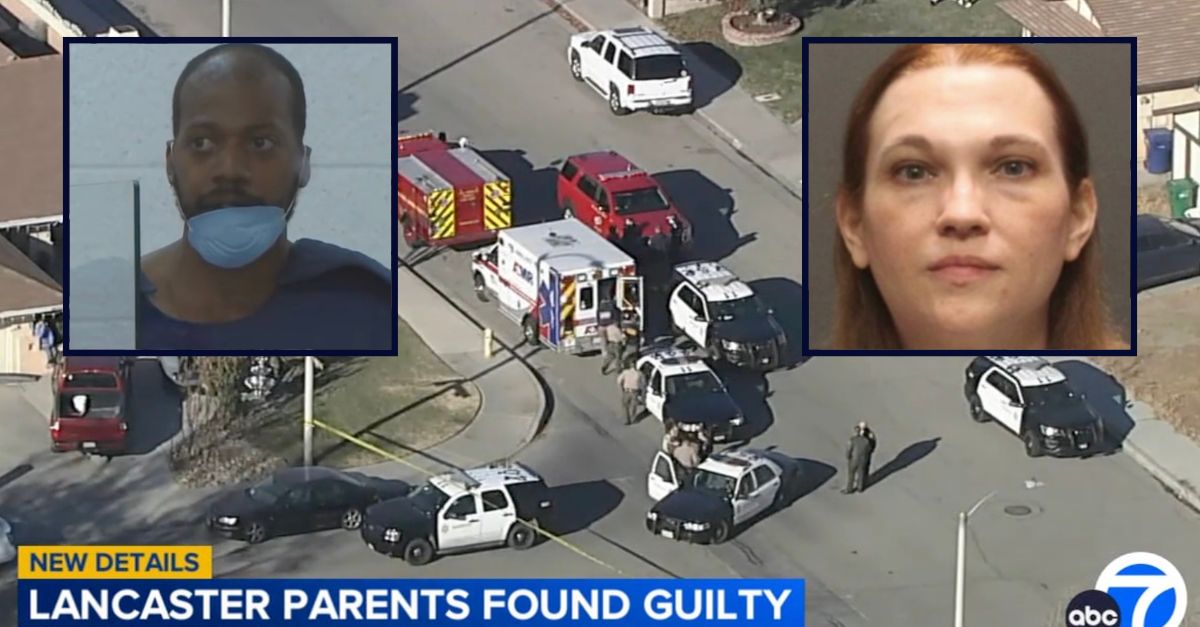 Inset, left to right: Maurice J. Taylor Sr. (Law&Crime/YouTube) and Natalie S. Brothwell (Pima County Sheriff's Office). Background: Authorities at the residence where Taylor and Brothwell killed their kids (KABC).