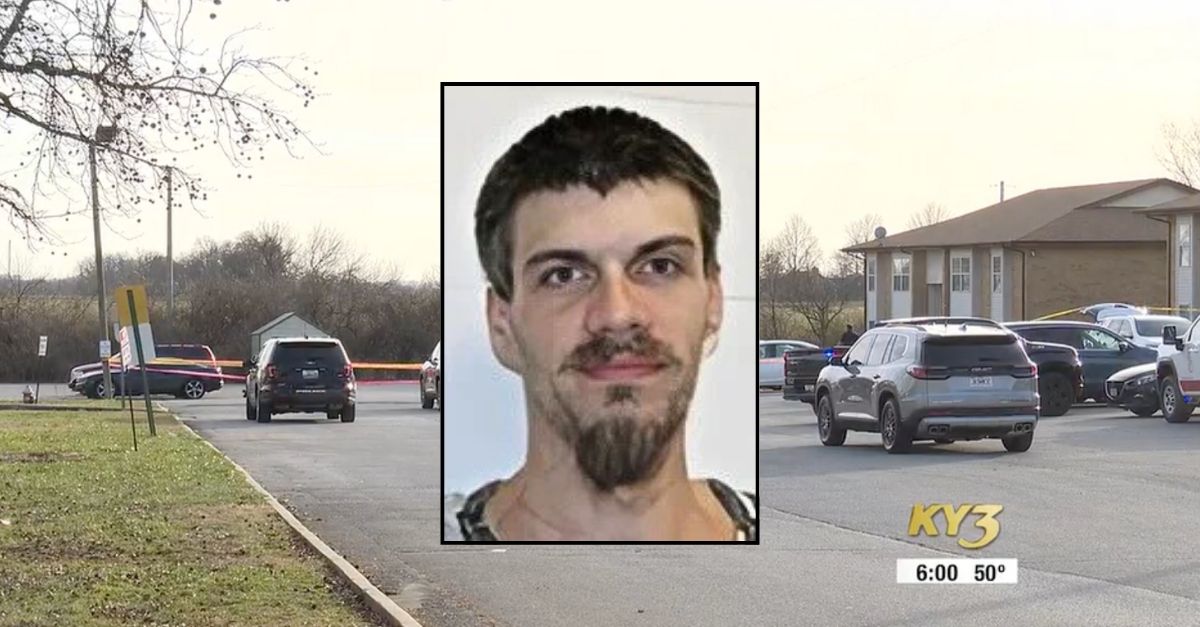 Inset: Alan Michael Mellow (Barry County Sheriff's Office). Background: The Missouri apartment complex where Alan Michael Mellow allegedly murdered the mother of his 3-month-old child (KYTV). 