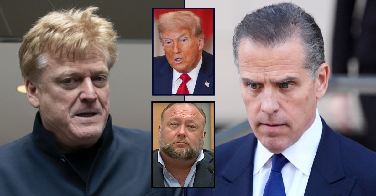 Patrick Byrne, on the left; Hunter Biden, on the right; Donald Trump and Alex Jones are inset in the center from top to bottom.