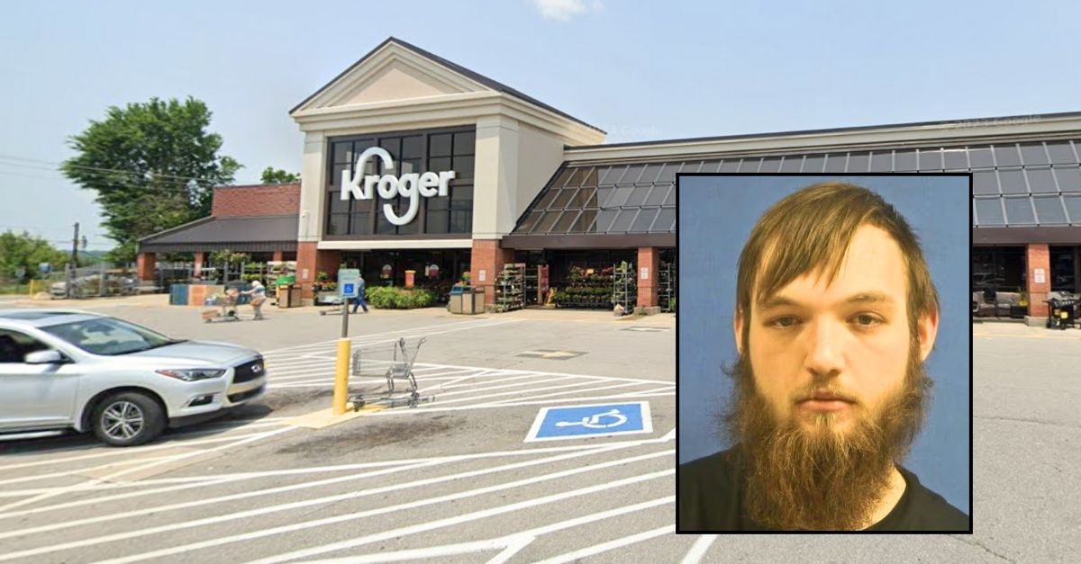 Inset: Hunter Jackson (Dickson County Police Department). Background: The Kroger in Dickson, Tenn., where Hunter Jackson allegedly met up with his ex-girlfriend before killing her (Google Maps).