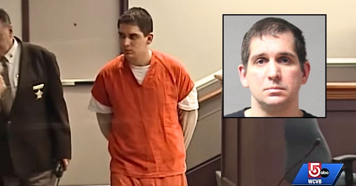 Inset: Ian Delmore (Nashua Police Department). Background: Ian Delmore in court for the 2007 murder of his dad (WCVB/YouTube).