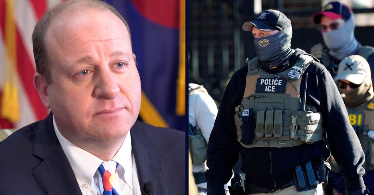 Left: Jared Polis in an interview with "Next 9News" in January 2025 (KUSA/YouTube). Right: Law officials spread out through an apartment complex during a raid, Feb. 5, 2025, in east Denver (AP Photo/David Zalubowski, File).