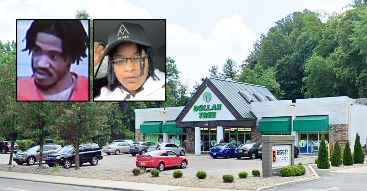 Left inset: Jontae Watkins (WEWS). Right inset: Ernestine Stallings (Rhoden Memorial Home). Background: The Dollar Tree in Akron, Ohio, where Jontae Watkins shot and killed Ernestine Stallings as she was loading birthday balloons into a car (Google Maps).