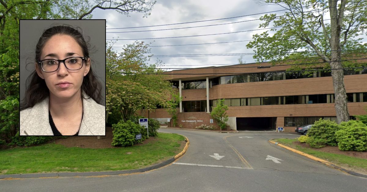 Background: The lab in Trumbull, Conn., where Kristen Hogan allegedly took her nephew for a falsified paternity test (Google Maps). Inset: Kristen Hogan (Connecticut State Police). 
