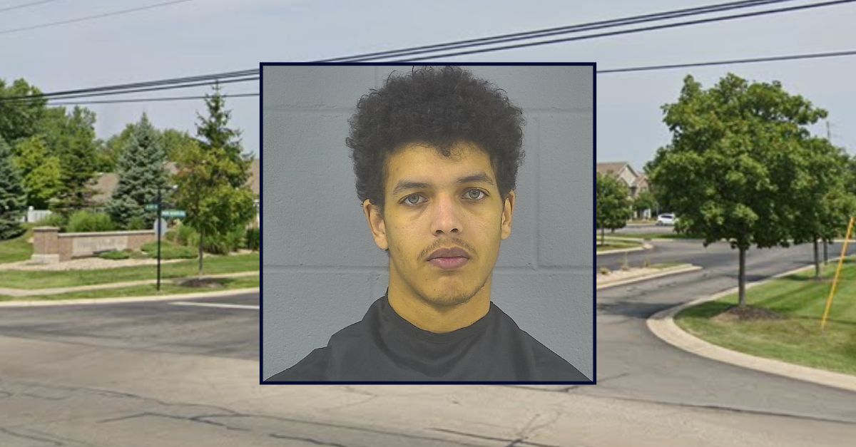 Logan Nickolas appears in a booking photo inset against an image of an apartment complex in Indiana.