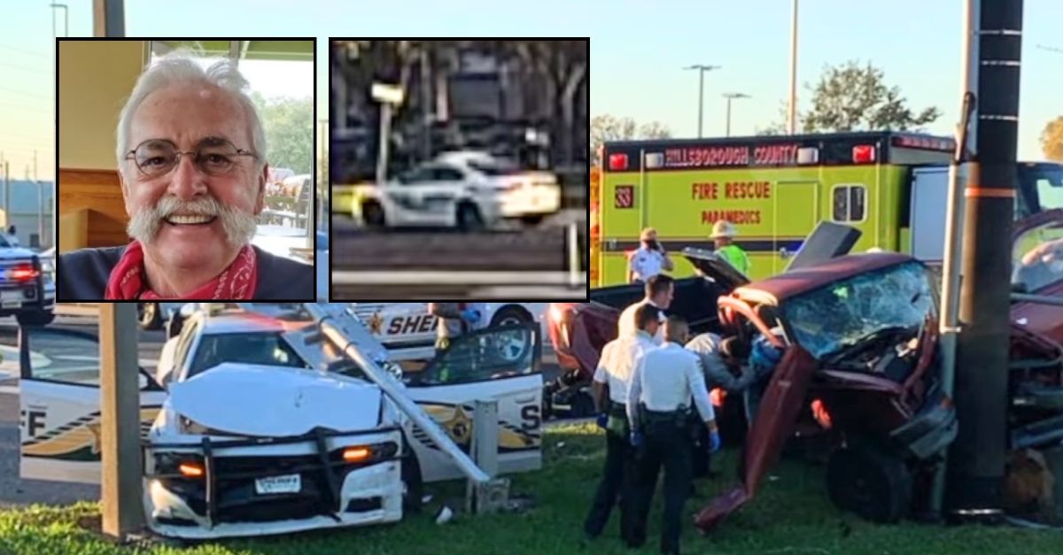 Left inset: Michael Keen (Pamela Martin/WFTS). Right inset: The Dodge Charger patrol car that Hillsborough County Sheriff's Deputy Devin Wooden was driving when he crashed into Vietnam War veteran Michael Keen in 2021 (John Castro/WFTS). Background: The scene of the 2021 crash involving Hillsborough County Sheriff's Deputy Devin Wooden and Michael Keen (WFTS/YouTube). 