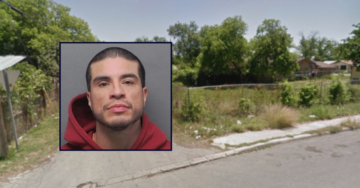 Robert Aparicio appears in a booking photo inset against an image of an intersection where a fatal stabbing occurred in Texas.