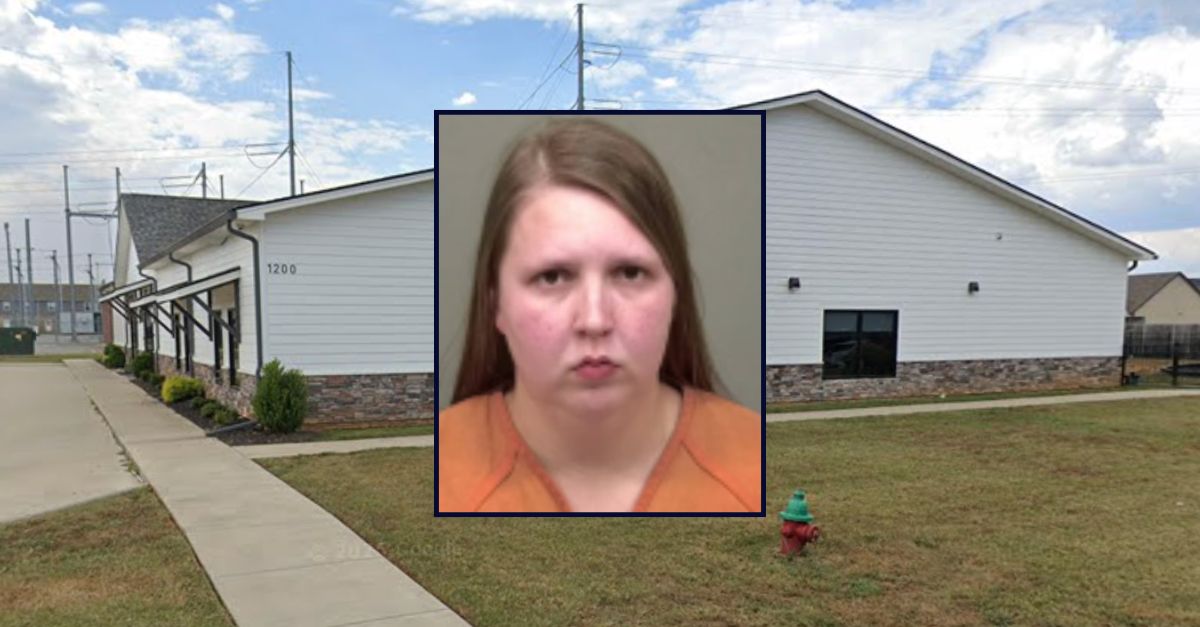 Sarah Fuson appears in a booking photo inset against an image of a day care center in Tennessee.