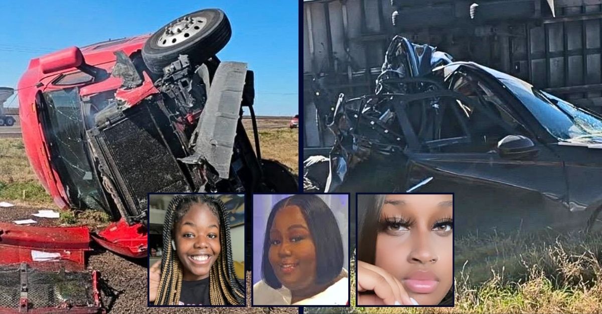 Left photo: The 18-wheeler that slammed into a car being driven by four women on U.S. 87 in Texas, killing them in November 2025 (Kherkher Garcia, LLP). Right photo: The Nissan Altima that was involved in the deadly 18-wheeler crash that left four women dead last fall (Kherkher Garcia, LLP). Insets, left to right: Lakeisha Brown, Breanna Brantley and Myunique Johnson (Kherkher Garcia, LLP/GoFundMe).