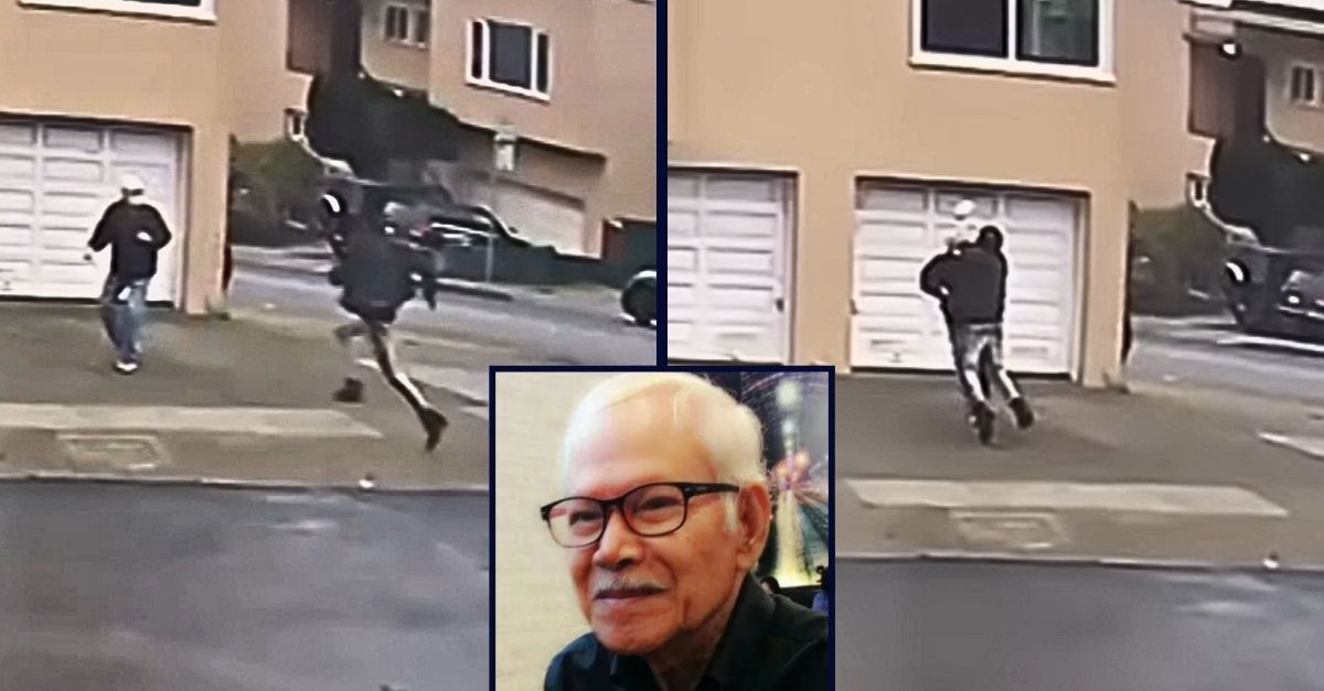 Inset: Vicha Ratanapakdee (GoFundMe). Background: Video footage showing Vicha Ratanapakdee being attacked and fatally pushed by Antoine Watson (KGO/YouTube).