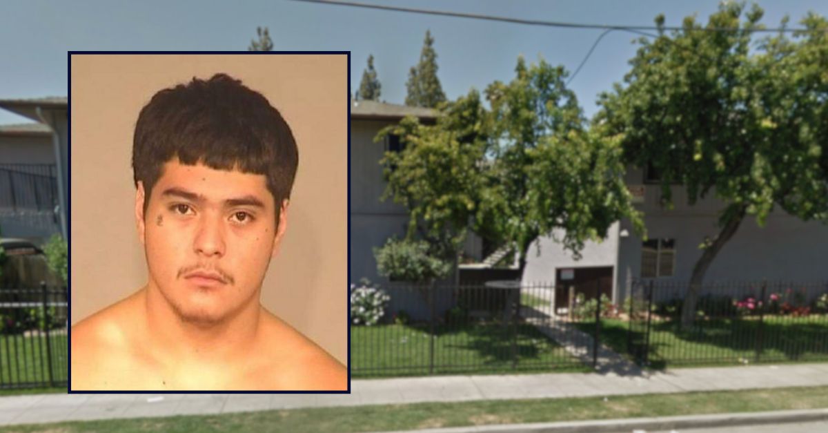 Christopher Valdez appears in a booking photo inset against an image of an apartment complex in California. 