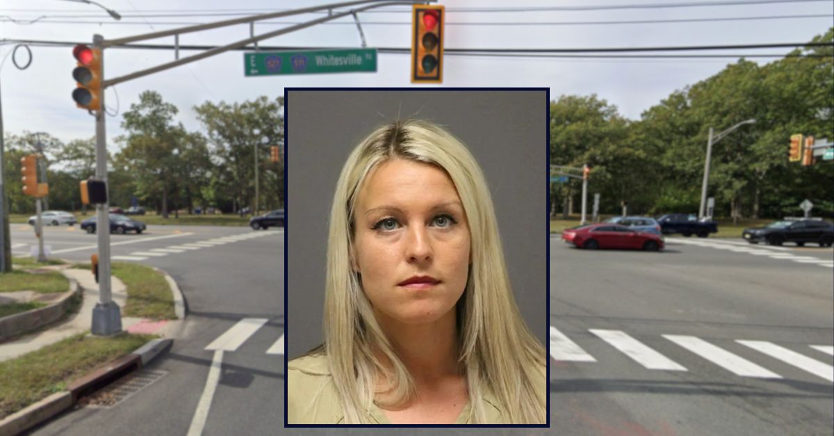 Danielle Bowker appears in a booking photo inset against an image of an intersection in New Jersey.