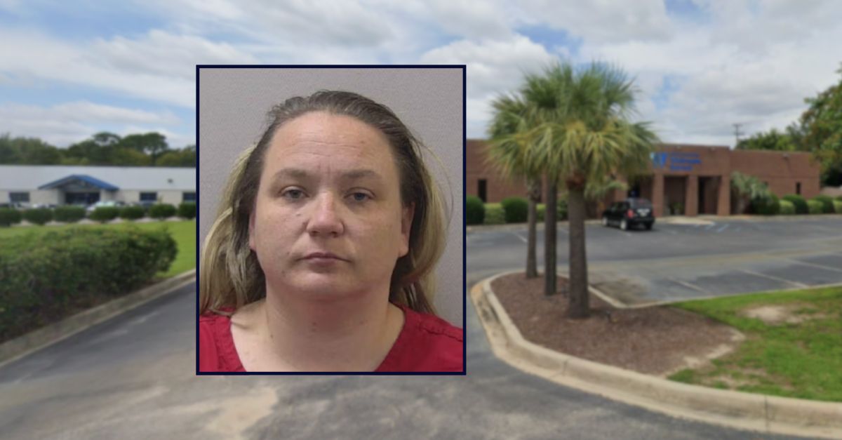 Erin Wheeler appears in a booking photo inset against an image of a school in South Carolina.
