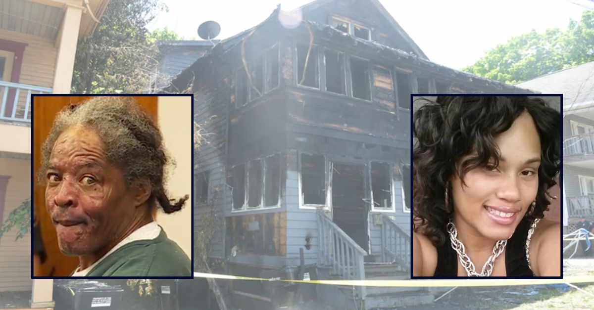 Anthony Green and Shaquoiya Allison, appear inset, left to right, against an image of a burned out house in New York State.