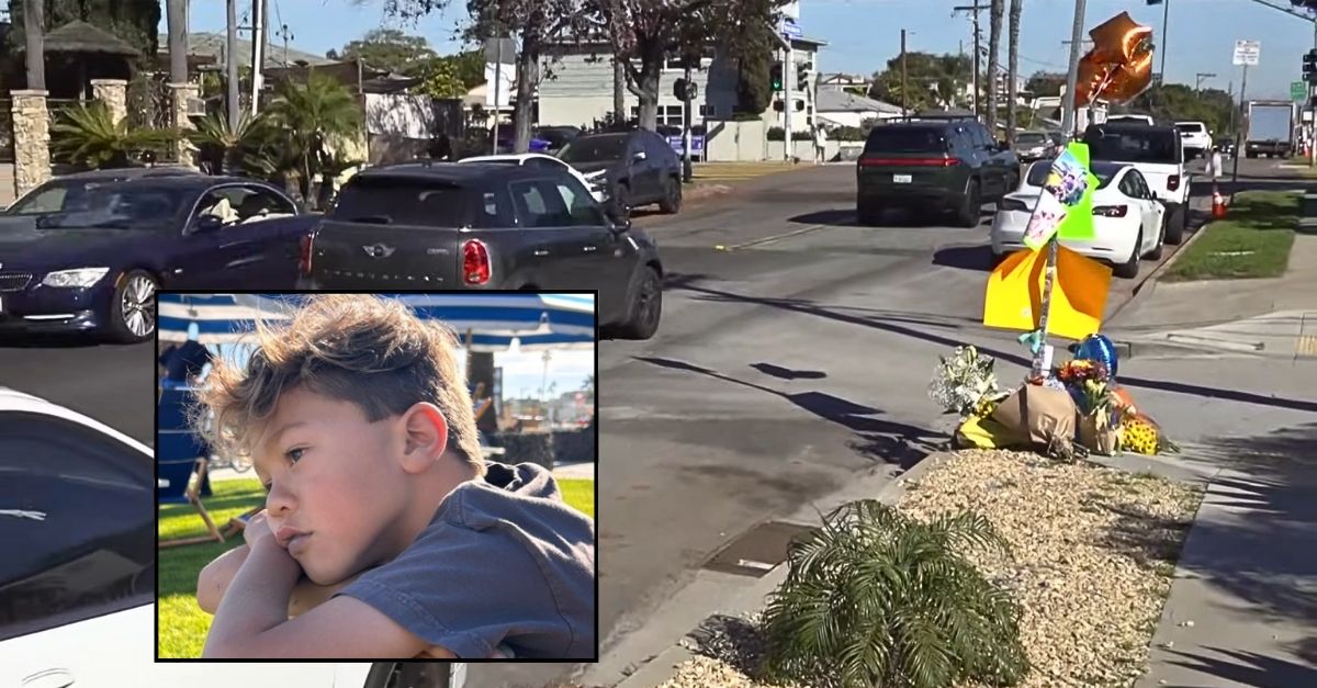 Inset: Hudson O'Loughlin (GoFundMe). Background: The area along Pacific Beach Drive in San Diego, Calif., where Hudson O'Loughlin was allegedly run over multiple times and killed by a driver (KFMB/YouTube).