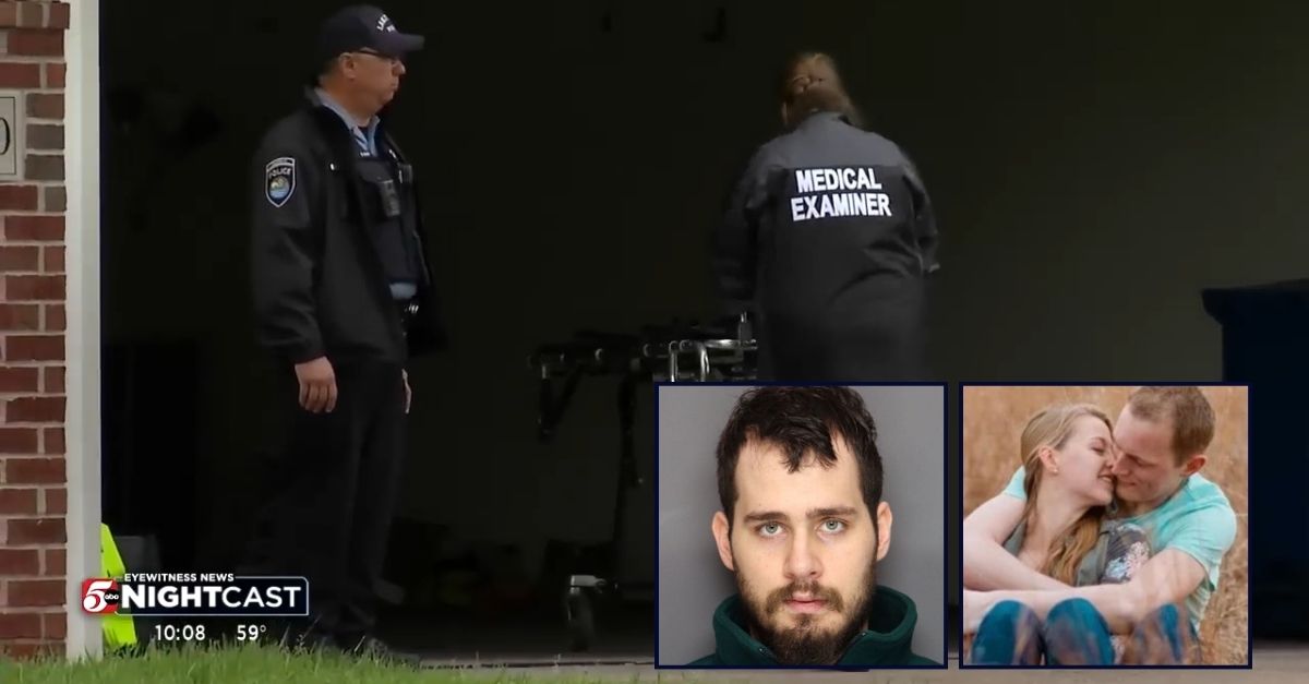 Left inset: Jack Ball (Dakota County Sheriff's Office). Right inset: Bethany Ann Israel and her husband Josh Israel (GoFundMe). Background: Authorities at the Minnesota home where Bethany Israel's brother, Jack Ball, killed and dismembered her (KSTP/YouTube).