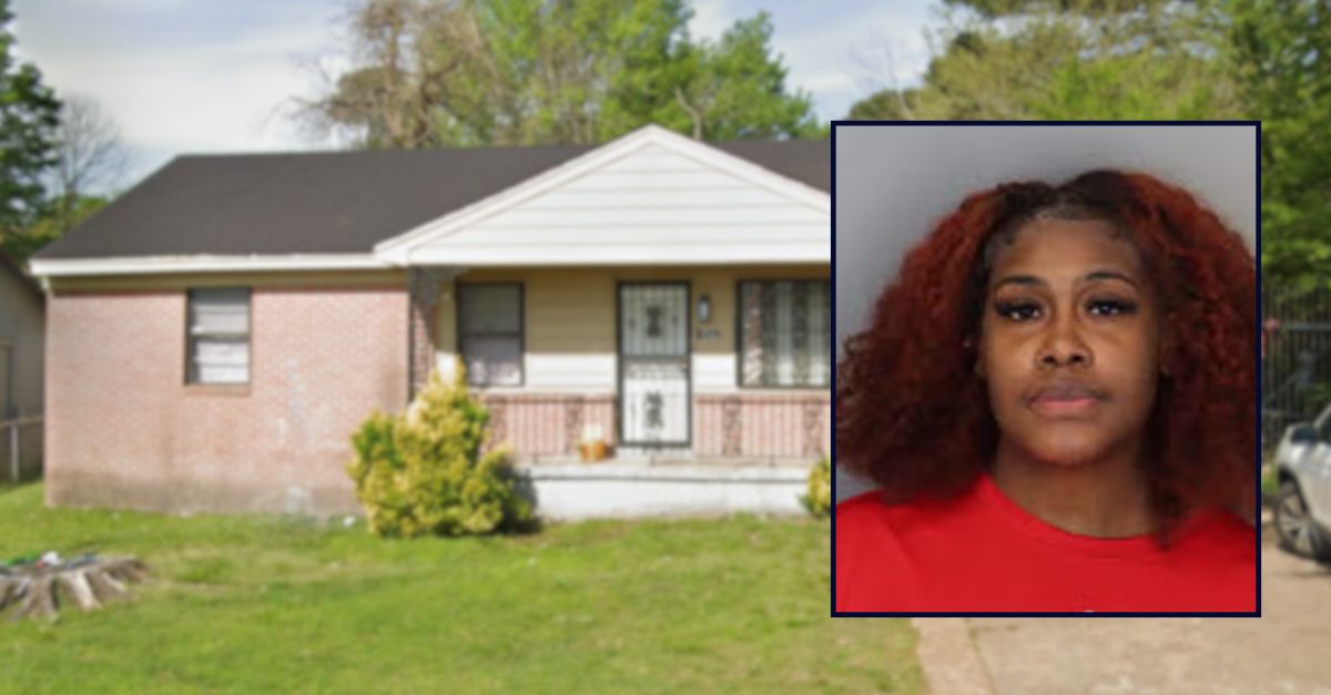 Jasmine Moss appears in a booking photo inset against an image of a house in Tennessee.