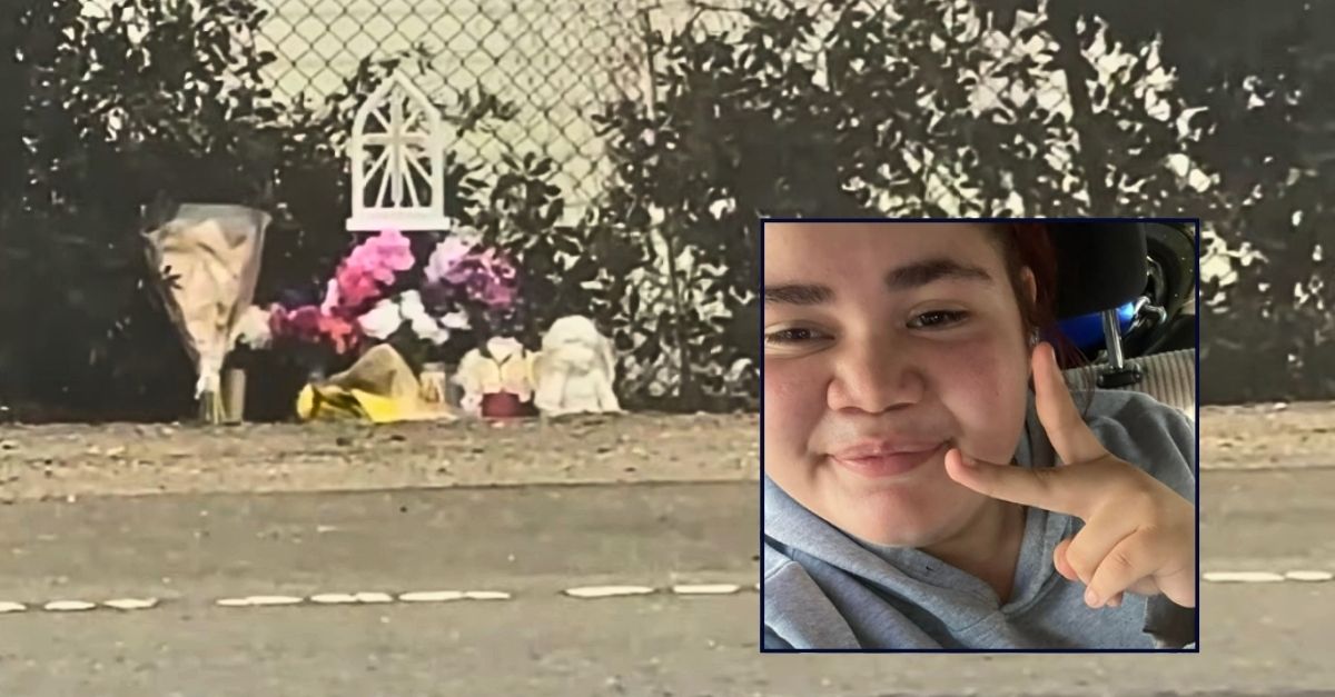 Inset: Jeana Flores (Facebook). Background: The area where Jeana Flores' body was found after she was mowed down and killed by a hit-and-drive in California (KRON/YouTube).