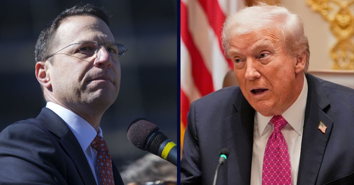 Left: Pennsylvania Attorney General Josh Shapiro at a Stand Against Hate rally at Independence Mall on March 2, 2017 in Philadelphia, Pennsylvania. The Jewish Federation of Greater Philadelphia organized the event in hopes of expressing solidarity days after vandalism of the Mt. Carmel cemetery (Photo by Jessica Kourkounis/Getty Images). Right: President Donald Trump speaks in the Cabinet Room of the White House, Friday, Oct. 17, 2025, in Washington (AP Photo/Alex Brandon).