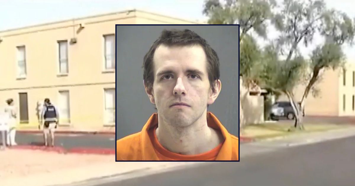 Inset: Tyler R. McGuire (Maricopa County Attorney's Office). Background: Police at the scene where McGuire allegedly killed a colleague in 2023 (KTVK).