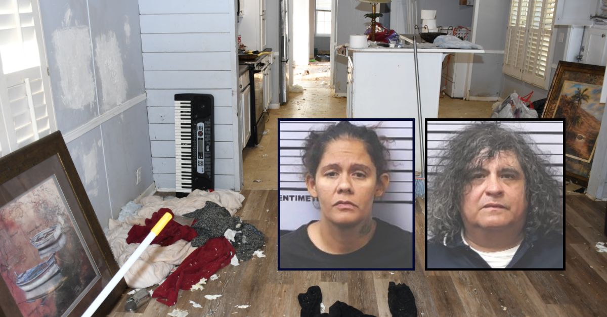 Marchelle Pertilla and Eugene Medrano appear in booking photos inset against an image of the inside of a house in Alabama.