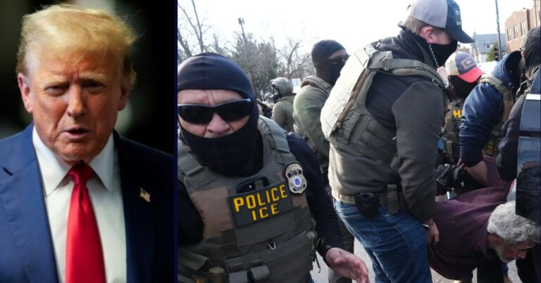 Donald Trump, on the left; several masked ICE agents, on the right.