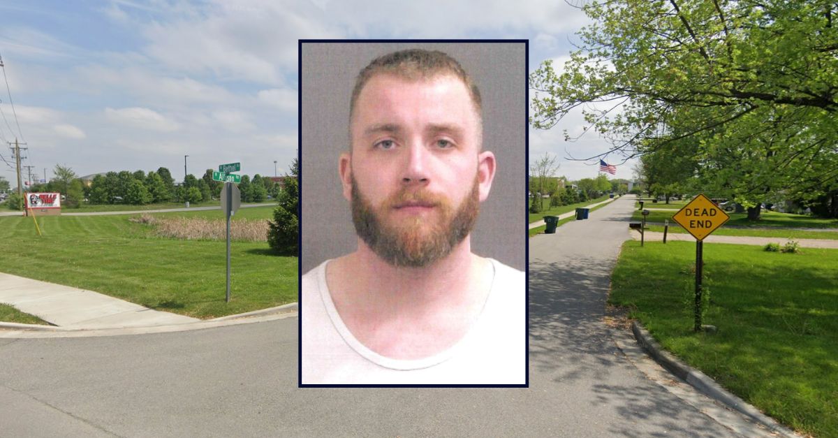 Tyler Wood appears in a booking photo inset against an image of a residential street in Indiana.