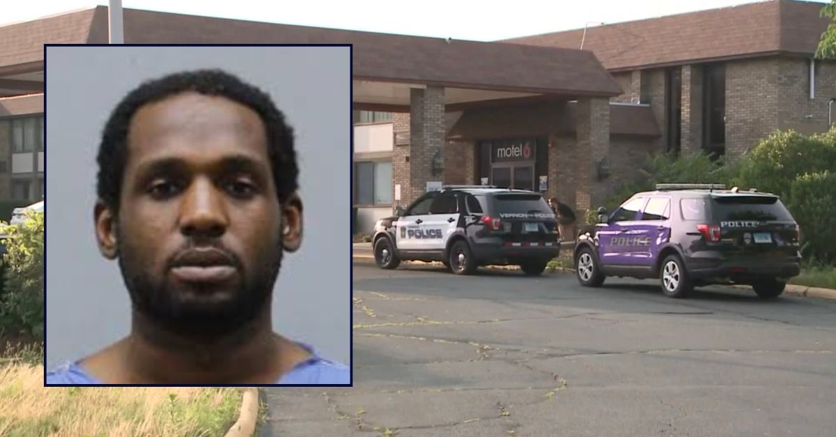 Inset: Alvin Waugh (Vernon Police Dept.). Background: The Motel 6 where Waugh allegedly killed the owner over a pool pass dispute (WTIC).